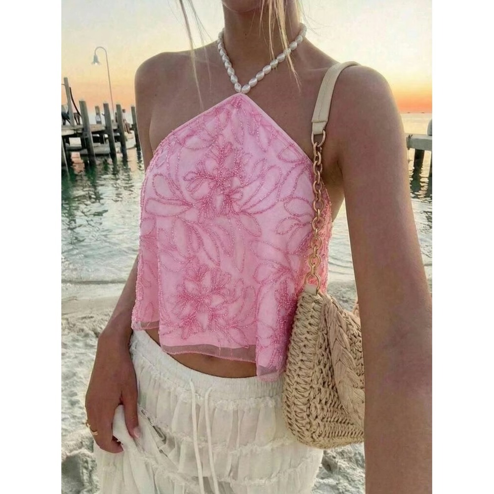 SHEIN Pink Beaded Floral Halter Top Pearl Neck Open Back Mesh Sequin Crop Top